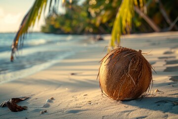 Wall Mural - Coconut on the beach at sunset in a serene tropical photograph