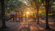 © kanesuan - A serene playground during sunset, with long shadows cast by the play equipment and a warm golden light enveloping the scene.