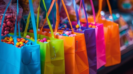 Wall Mural - Сolorful trick or treat bags filled with candy for Halloween. Concept of Halloween Day and Pumpkin Day