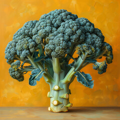 Unique Teal Broccoli Crown with Florets Plucked Against a Contrasting Backdrop