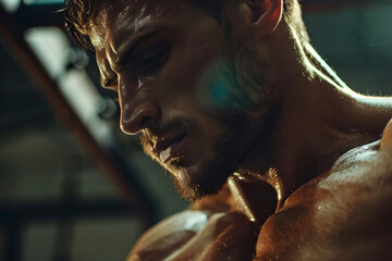 Wall Mural -  man with a beard and sweat on his face. He looks tired and exhausted. Concept of hard work and dedication