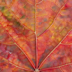 Close-up of colorful autumn leaf with visible veins