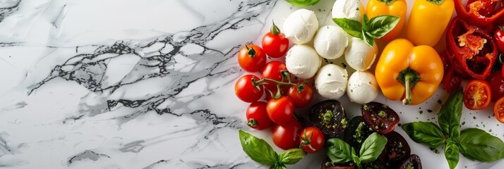 Wall Mural - A variety of colorful Italian antipasto snacks are artfully arranged in a circular pattern on a marble countertop