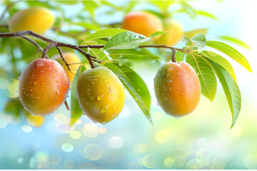 Wall Mural - Three oranges hanging from a tree with water droplets on them. Concept of freshness and vitality, as the oranges are ripe and ready to be picked