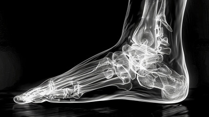 3d rendered illustration of a human foot skeleton showing the tarsals, metatarsals, phalanges, fibula, and tibia bones