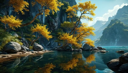 Poster - Golden Autumn Trees Reflecting in Calm Lake Water.