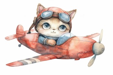 A cute cat in a pilot outfit flying a red airplane. Whimsical watercolor cartoon.