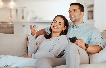 Poster - Relax, smile and watching tv with couple on sofa in living room of home together for weekend entertainment. Love, movie or streaming with happy man and woman in apartment for subscription television