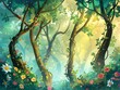 © Sinechana - 1. A whimsical forest background illustration for a kids' fairytale, featuring tall, enchanting trees with twisted branches, vibrant leaves, colorful flowers, and a soft, magical glow that creates a