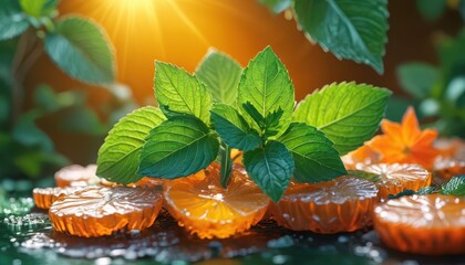 Wall Mural - Orange Slices and Mint Leaves with Sunbeams.