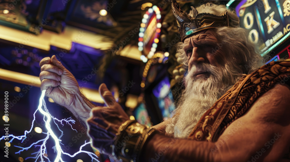 Greek God Zeus Enjoying Casino Slots with Lightning and Coin Explosion