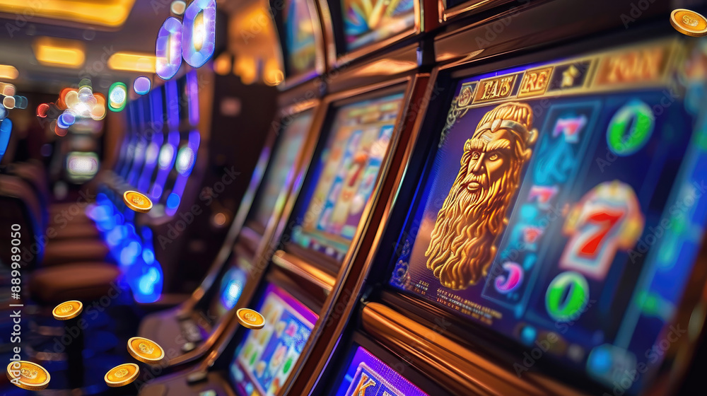 Greek God Zeus Enjoying Casino Slots with Lightning and Coin Explosion