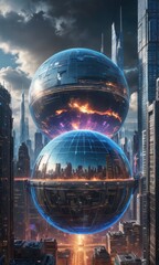 Poster - Futuristic Cityscape with Giant Spheres.