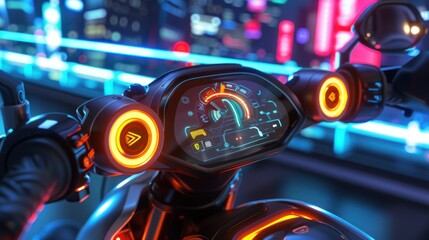 Wall Mural - Futuristic Motorcycle Dashboard with Neon City Lights