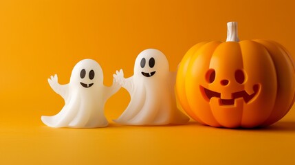 Wall Mural - Halloween ghosts with funny pumpkin on orange background. Happy halloween holiday concept. Halloween Day and Pumpkin Day