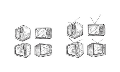 TV set sketch style vector illustration. Old hand drawn engraving imitation.