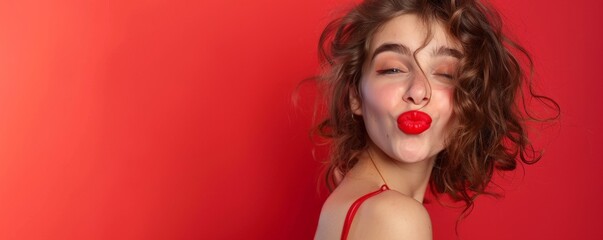 Wall Mural - a beautiful young woman with plump red lips sending a kiss into the camera on studio background