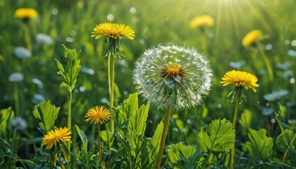 Canvas Print - Dandelion seed head in a field of dandelions.