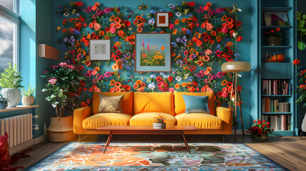 70s flower power interior living room design with flower wallpaper