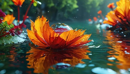 Poster - Orange flower in water with reflection and a water drop.