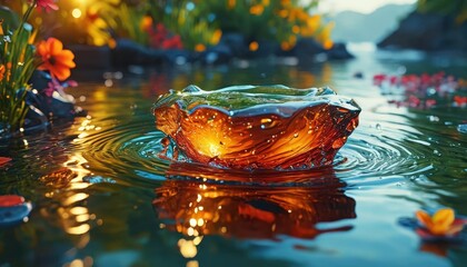 Wall Mural - Golden Amber Stone Ripples in Water.