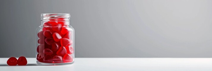 A glass jar filled with red gummy candies sits on a white tabletop against a plain white background