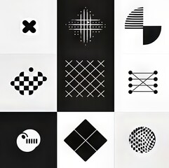 Wall Mural - Black and white geometric shapes and patterns arranged in a 3x3 grid