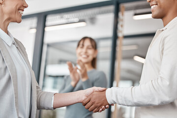 Canvas Print - Business people, meeting and teamwork with handshake in agreement, deal or partnership at office. Businessman, woman or colleagues shaking hands in thank you for b2b, hiring or recruiting together