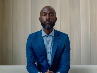 Wall Mural - A black man in a blue suit sitting on a couch.