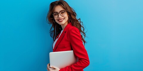 Portrait of smiling businesswoman holding laptop, female professional with glasses in brown suit standing and looking at camera.