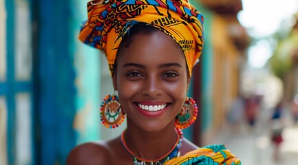 a young beautiful happy african american woman wearing colourful african attire in the streets of cuba.