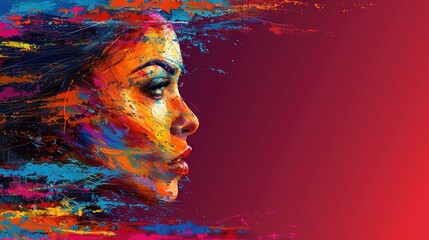 Wall Mural -   A woman's face painted with vibrant splatters of multiple colors covering her face and neck