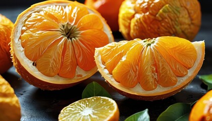 Wall Mural - Close-up of Sliced Orange with Green Leaves.