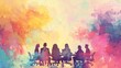 © Preecha - Team of professionals having a productive meeting, captured in detailed watercolor style with sharp clarity on a pastel background