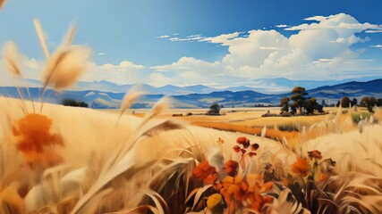 Canvas Print - Golden field with blue sky and distant mountains