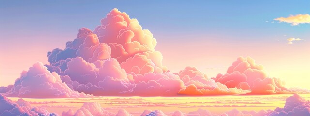 Wall Mural - A cluster of soft pink cotton candy clouds drifting lazily across a pastel-colored sky during sunset, painting the horizon with hues of orange and gold.