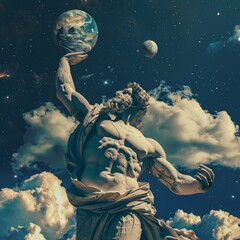 A grand statue holding up the Earth, with another planet visible in the background, portraying strength, guardianship and the cosmic connection in a celestial and artistic scene.