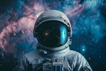 Wall Mural - Front view astronaut potrait. Astronaut in space suit with galaxy and nebula reflection in helmet glass