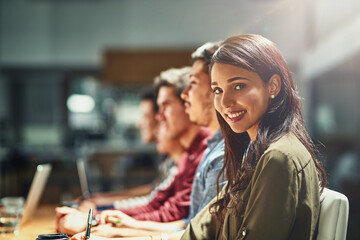 Poster - Face, smile and portrait of business woman at desk in office for creative startup company. Teamwork, happy manager and technology for graphic designer, entrepreneur or worker coworking in meeting