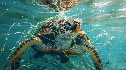 AI illustration depicting a turtle tangled in a fishing net in the ocean, emphasizing environmental protection and the need to free sea turtles.