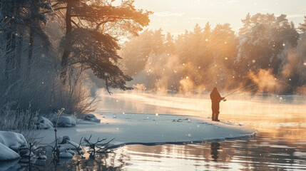 Fisherman holds a fishing rod in his hands. Winter fishing on the lake or river. Beautiful winter snowy landscape