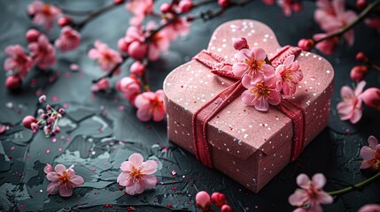 Wall Mural -   A box with a pink heart shape sits atop a table beside pink bouquet on black background