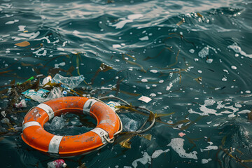 Wall Mural - Ocean plastic pollution concept with plastic waste and a lifebuoy floating in the sea