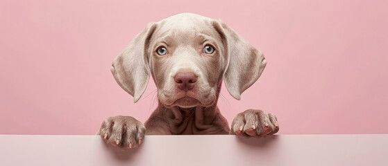 Wall Mural - Weimaraner puppy dog peeking out from the edge of a blank blank billboard with his paws on the bottom edge and his head facing forward on a cute and adorable pastel background