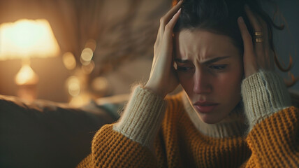 Young woman sitting on a couch at home, holding her head in distress, showing signs of stress and emotional struggle.