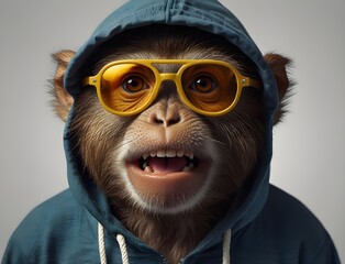 Wall Mural - monkey with surprised face wear hoody and sunglasses on white background. ai generative
