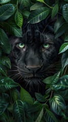 Wall Mural - The face of a wild black panther animal appeared with a sharp gaze peek among the long green leaves in the middle of the forest 