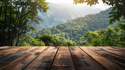 Poster - Outdoor Wooden Table with Scenic Mountain Landscape and Natural Lighting for Product Display