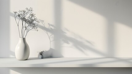 Poster - Sleek White Table in Bright Room with Minimalist Floral Decor and Empty Surface for Clean Product Display