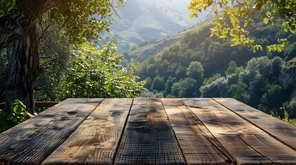 Wall Mural - rustic wooden table in serene outdoor setting with natural lighting and empty surface for product di